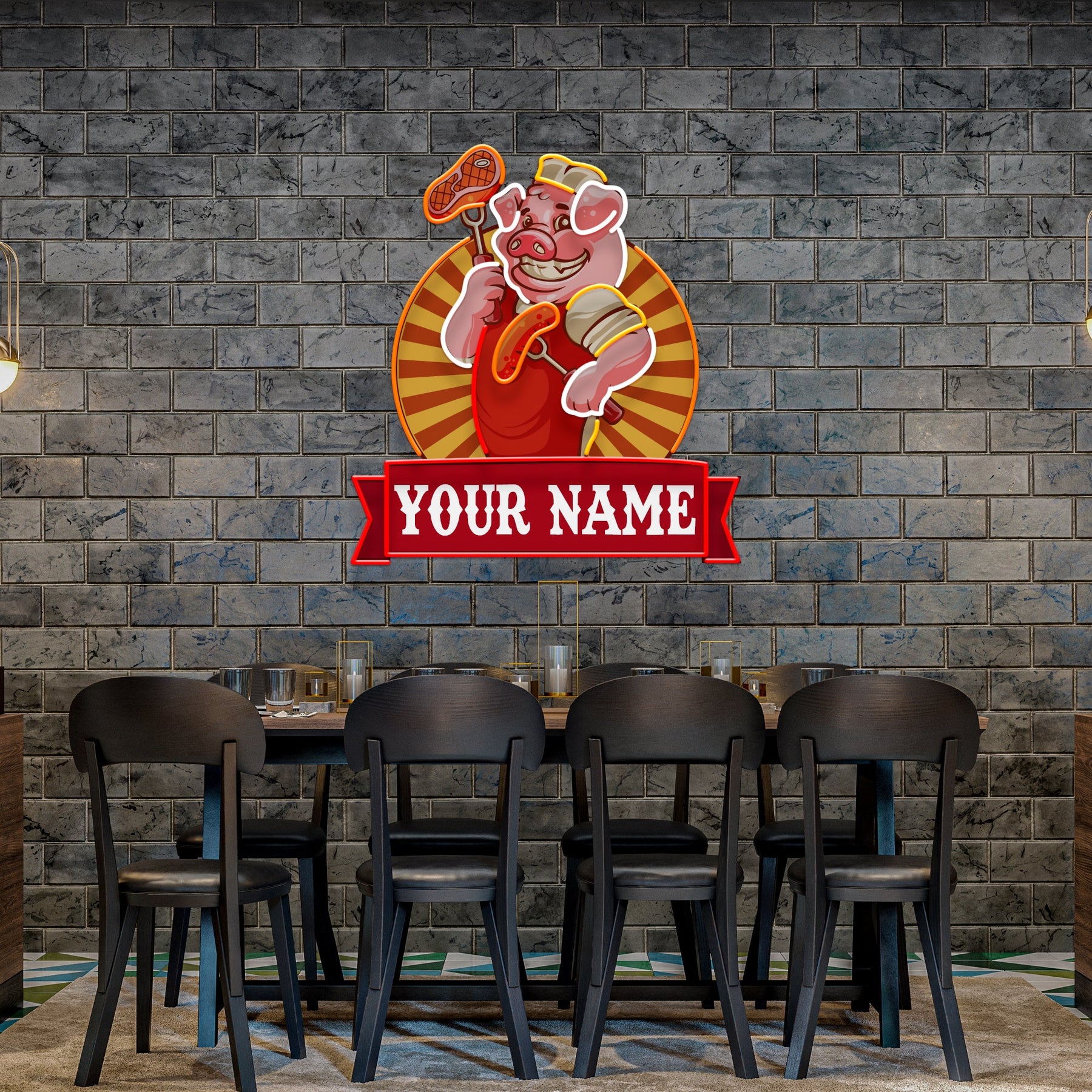 Custom Name Cute Chef Pig Holding Grill Artwork Led Neon Sign Light