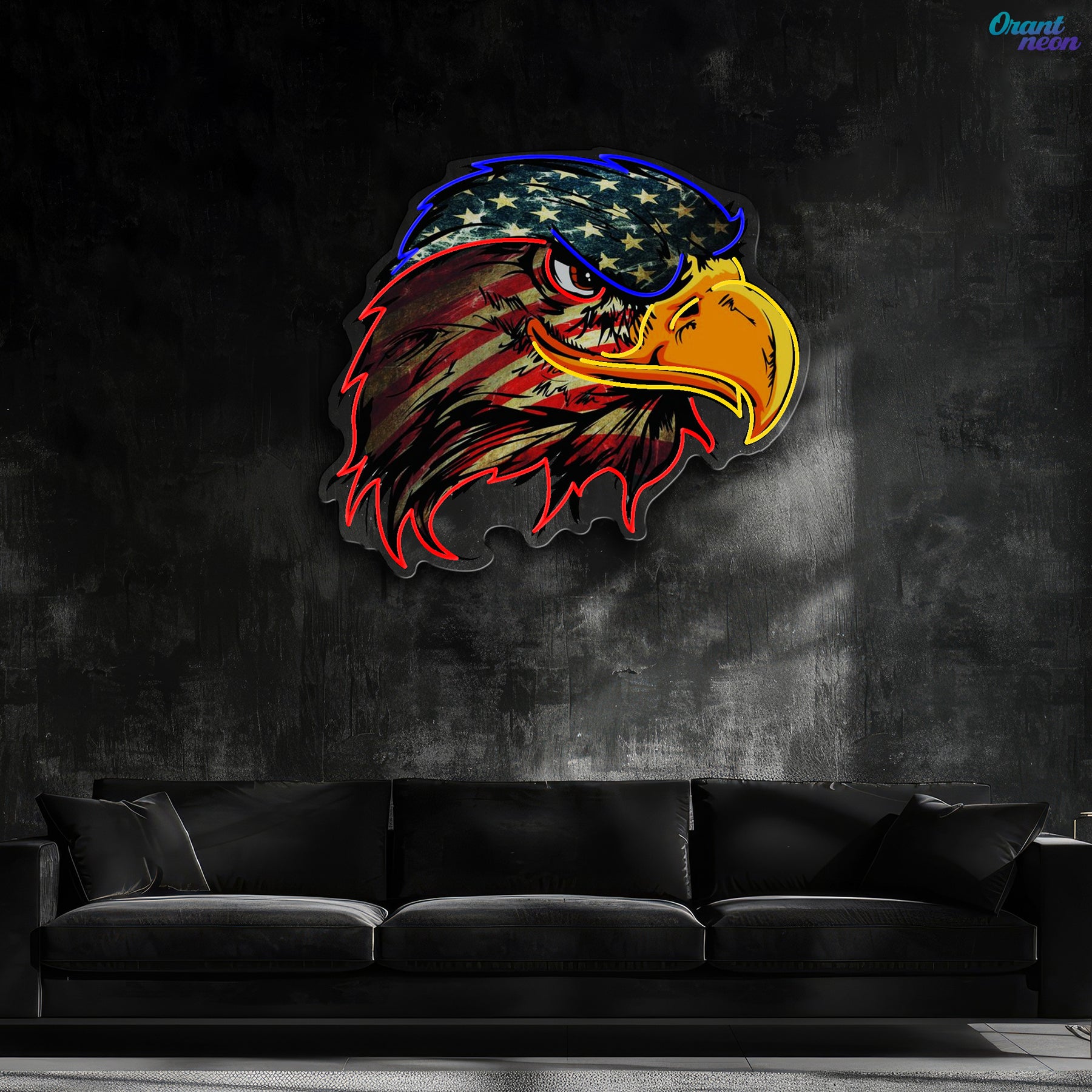 Majestic Glow: Eagle’s Flight with Flag Neon Sign