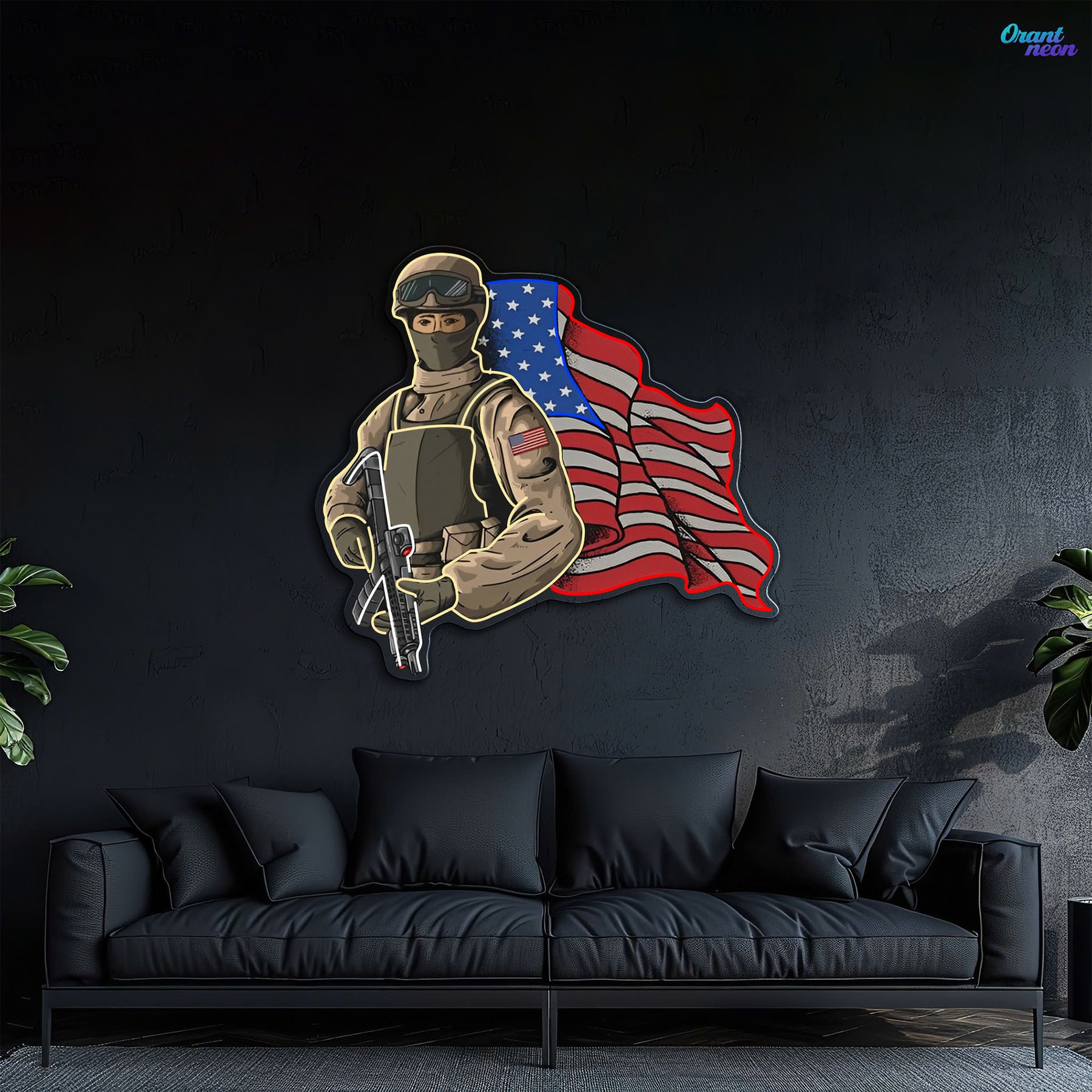 The American Pride - Soldier holds Gun and USA Flag Neon Sign Light Artwork