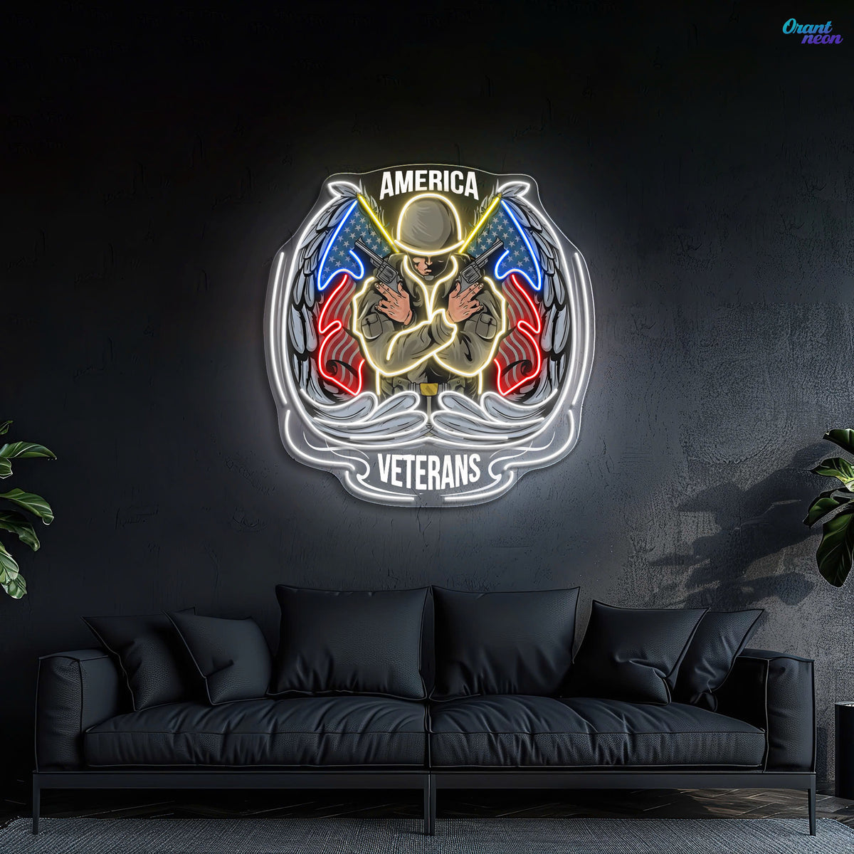 Angel Soldier hold Short Guns raise America Flags Neon Sign Light Artwork