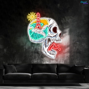 Beacon of the Damned: Skull & Lighthouse Neon Sign Light Artwork